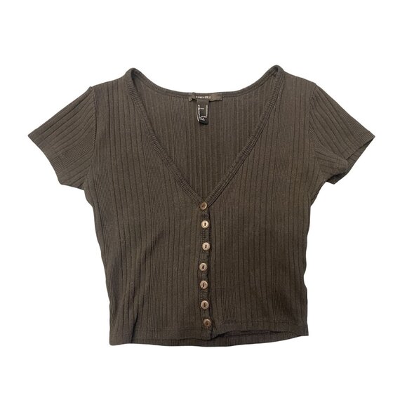 short sleeve cropped v-neck button front ribbed top M - Picture 1 of 6